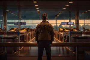 ai generativ Mann Tourist steht beim fast leeren Check-In Zähler beim das Flughafen Terminal fällig zu Coronavirus Pandemie covid19 Ausbruch Reise Beschränkungen Flug Stornierung Konzept foto