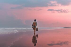 ai generativ Mann mit Rucksack Gehen auf das Strand beim Sonnenuntergang Reise Lebensstil Konzept golden Filter foto