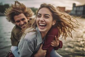 ai generativ Millennials freunde auf Ferien haben huckepack Rennen auf Stadt Straße jung Menschen Gruppe genießen Zeit zusammen Lachen draußen Sommer- Urlaube Freundschaft und glücklich Lebensstil c foto