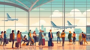ai generativ modern Flughafen Innere mit Menschen Wiedereröffnung Flüge foto