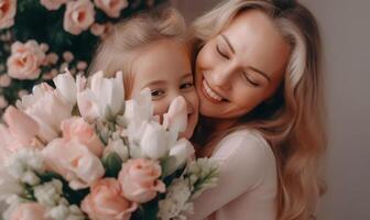 ai generativ Mutter Tag Konzept Liebe von Mutter und Töchter froh Mama ist halten nett Blumen und ist Empfang Kuss von ihr zwei Töchter Jahrgang Filter foto