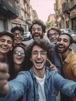 ai generativ multikulturell Beste freunde haben Spaß nehmen Gruppe Selfie Porträt draußen lächelnd Jungs und Mädchen feiern Party Tag hängend aus zusammen auf Stadt Straße glücklich Lebensstil und fr foto