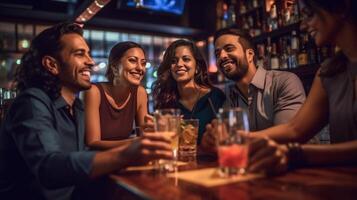 ai generativ multikulturell freunde Jubel und Trinken Cocktails beim Bar Restaurant Millennials Menschen haben Spaß beim Urlaub Party foto