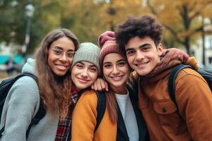 ai generativ gemischtrassig Gemeinschaft von jung Menschen umarmen zusammen draußen glücklich Gruppe von freunde haben Spaß auf Stadt Straße Universität Studenten draußen Schule foto