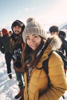 ai generativ gemischtrassig Gruppe von freunde Reisen auf das Straße mit Wohnmobil van jung Menschen haben Spaß genießen Winter Ferien foto