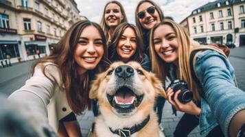 ai generativ gemischtrassig Gruppe von freunde mit Hund nehmen Selfie Bild zusammen Gemeinschaft von vielfältig jung Menschen lächelnd suchen beim Kamera Freundschaft Konzept mit Jungs und Mädchen haben Spaß foto
