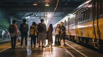 ai generativ gemischtrassig Gruppe von Menschen Gehen beim Zug Bahnhof Reise Urlaub und Ferien Neu normal Konzept foto