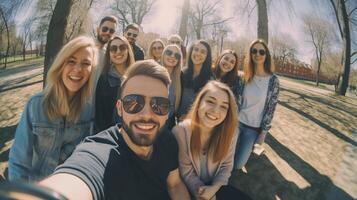 ai generativ gemischtrassig jung Menschen nehmen Selfie draußen glücklich freunde haben Spaß zusammen hängend aus im sonnig Tag Freundschaft Konzept mit Jungs und Mädchen lächelnd beim das Kamera hell fil foto