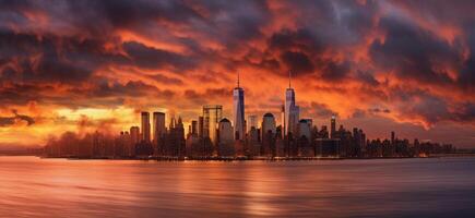 ai generativ Neu York Stadt Panorama beim Sonnenuntergang mit ein dramatisch Himmel im das Hintergrund foto