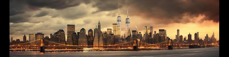 ai generativ Neu York Stadt Panorama beim Sonnenuntergang mit ein dramatisch Himmel im das Hintergrund foto