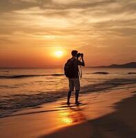 ai generativ Fotograf nimmt ein Bild während Sonnenaufgang beim das Strand Lebensstil Konzept foto