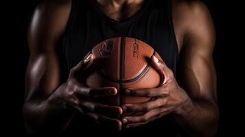 ai generativ Porträt von ein Basketball Spieler halten Ball mit Hände Athlet Konzentration auf Spiel selektiv Fokus auf das Ball foto