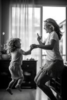ai generativ Porträt von schön Mutter spielen mit ihr Kind beim Zuhause glücklich Mama haben Spaß halten ihr Baby auf das Bett schwarz und Weiß Filter foto