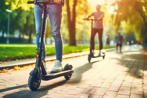 ai generativ Porträt von Paar im Liebe küssen mit elektrisch Roller im das Park tausendjährig Menschen Reiten Neu modern ökologisch Bedienung Transport foto