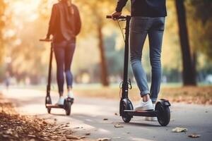 ai generativ Porträt von Paar im Liebe küssen mit elektrisch Roller im das Park tausendjährig Menschen Reiten Neu modern ökologisch Bedienung Transport foto