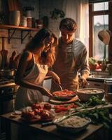 ai generativ romantisch Paar im Liebe Kochen Gemüse gesund Essen zusammen beim Zuhause Menschen und Essen Konzept foto