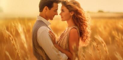 ai generativ romantisch Paar im Liebe haben ein romantisch Kuss beim Sonnenuntergang auf ein Weizen Feld verschwommen bewirken foto