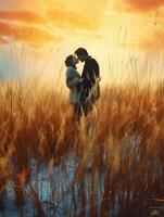 ai generativ romantisch Paar küssen beim Sonnenuntergang auf ein Weizen Feld foto