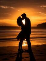 ai generativ romantisch Paar küssen beim das Strand beim Sonnenuntergang foto