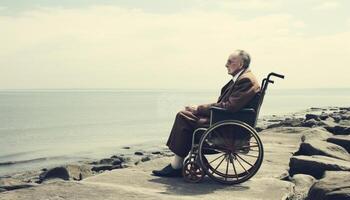 ai generativ traurig alt Mann Sitzung durch das Meer Konzept Über Menschen Traurigkeit und Einsamkeit foto
