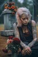 ai generativ traurig Frau im das Friedhof halten Strauß von Rosen im ihr Hand weiblich Trauer zum ein hat verloren Liebe Religion und halt Krieg Konzept foto
