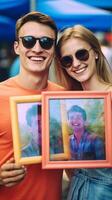 ai generativ Selfieporträt von komisch Paar im Sommer- Park freunde haben Spaß Lachen zusammen Menschen und Technologie Konzept foto