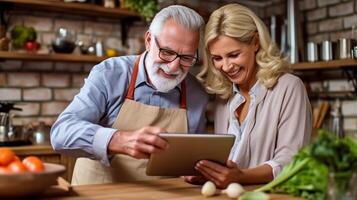 ai generativ Senior Frau Kochen Gemüse beim Zuhause lesen ein Rezept auf das Tablette alt Menschen mit Technologie Kochen Essen foto