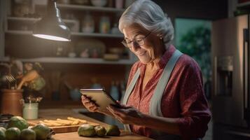 ai generativ Senior Frau nehmen ein Selfie Kochen Gemüse mit Hilfe von Rezept auf Tablette im das Küche beim Zuhause foto