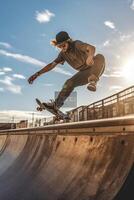 ai generativ Skater tun Kickflip auf das Rampe beim Schlittschuh Park stilvoll Skater Ausbildung draußen extrem Sport Leben Stil Konzept foto