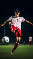 ai generativ Fußball Spieler Dribbling mit das Ball beim das Stadion foto