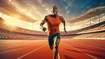 ai generativ Sport Mann Lauf und springen trainieren auf Laufen Spur im das Stadion voll Länge Schuss von gesund jung afrikanisch Mann Sprinten draußen sportlich Lebensstil Konzept foto