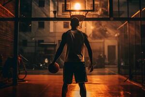 ai generativ Straße Basketball Spieler Herstellung ein mächtig zuschlagen Dunk auf das Gericht sportlich männlich Ausbildung draussen beim Sonnenuntergang Sport und Wettbewerb Konzept foto