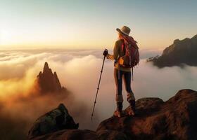 ai generativ Erfolg Frau Wanderer Wandern auf Sonnenaufgang Berg Gipfel jung Frau mit Rucksack erhebt euch zu das Berg oben Entdeckung Reise Ziel Konzept foto