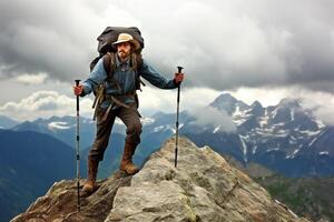 ai generativ erfolgreich Wanderer Wandern auf Berg Gipfel foto