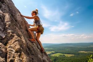 ai generativ erfolgreich Wanderer Wandern auf Berg Gipfel jung Frau Klettern auf Berg Cliff beim Sommer- foto