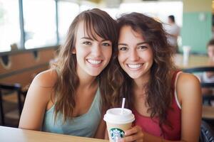 ai generativ zwei jung Frauen haben Spaß Trinken Kaffee beim das Bar foto