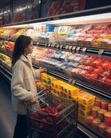 ai generativ Frau Kauf Essen beim das Supermarkt foto