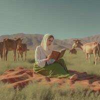 ai generativ Frau Lügen auf das Gras lesen ein Buch im das Landschaft foto