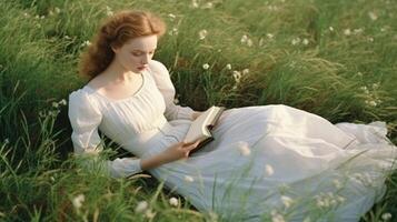 ai generativ Frau Lügen auf das Gras lesen ein Buch im das Landschaft foto