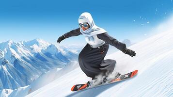 ai generativ Frau auf Snowboard Reiten das Steigung auf das Berg voll von Schnee foto