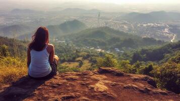 ai generativ Frau Sitzung auf ein Hügel suchen das tolle Landschaft Mädchen Reisen Asien foto