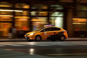 ai generativ Gelb Taxi auf das Straße im Neu York Stadt beim Nacht foto