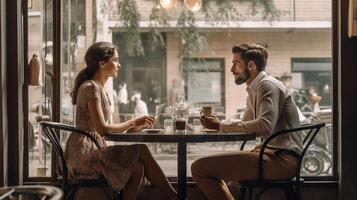 ai generativ jung attraktiv Paar im Liebe auf Datum im Kaffee Geschäft Sie sind Sitzung Gesicht zu Gesicht foto