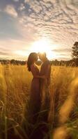 ai generativ jung Paar küssen auf das Hintergrund von ein Sonnenuntergang im das Weizen Feld foto