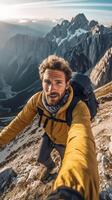 ai generativ jung Mann nehmen ein Selfie mit Handy, Mobiltelefon Clever Telefon Wandern Berge glücklich lächelnd Kerl suchen beim Kamera warm Herbst Filter foto