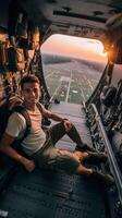 ai generativ jung Mann tragen schützend Gesicht Maske nehmen Selfie Porträt Sitzung auf das Flugzeug Sitz in der Nähe von das Fenster während das Flug im das Flugzeug Reise ohne Beschränkungen Konzept foto