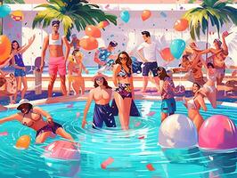 ai generativ jung Menschen haben Spaß beim exklusiv Schwimmen Schwimmbad Party beim ein tropisch Resort beim Ferien beim Sommer- freunde feiern Trinken Champagner foto