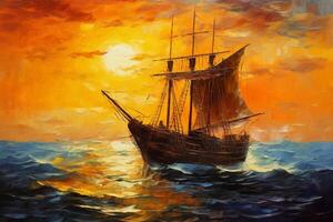 ai generativ ein Boot Segeln auf das Meer mit das Sonnenuntergang wie Hintergrund Natur Transport und Lebensstil Konzept foto