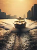 ai generativ ein Boot Segeln auf das Meer mit das Sonnenuntergang wie Hintergrund Natur Transport und Lebensstil Konzept foto