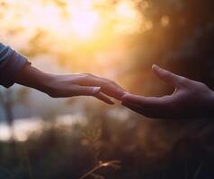 ai generativ schließen oben Hände Herstellung ein kleiner Finger zum Vertrauen schwören und versprechen im Beziehung Über Grün Natur Park Hintergründe foto